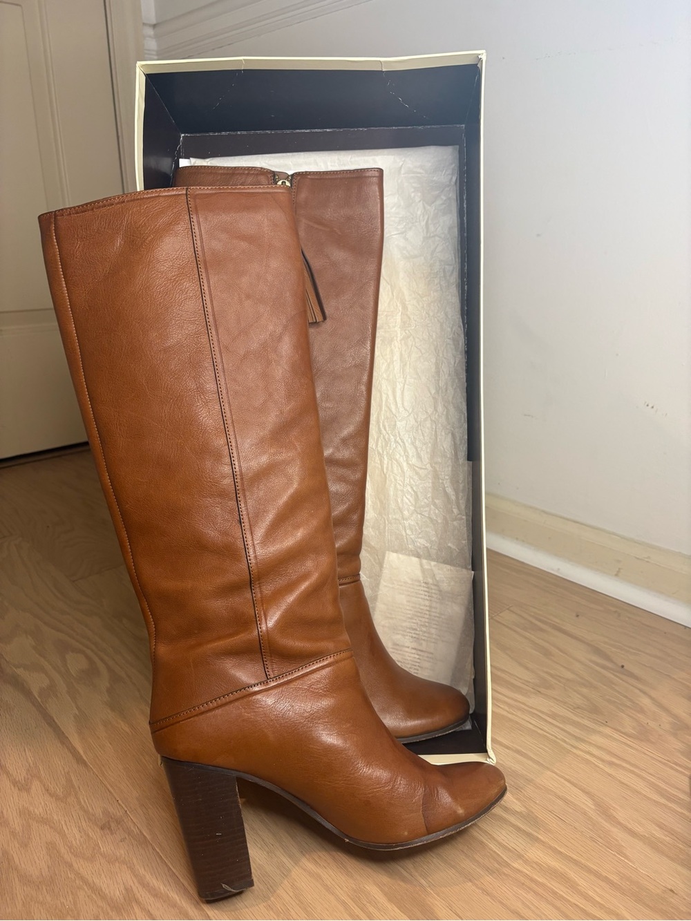 Coach Cognac Leather Knee-High Tassel Zip Boots - Picture 6 of 10